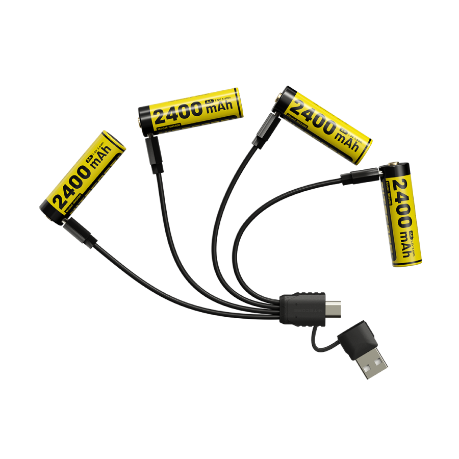 NH2400 — set de 4 acumulatori — Set de patru acumulatori AA Li-ion de 2.400 mAh și 1,5 V, cu încărcare USB-C, cutie de depozitare și cablu cu patru ramuri.